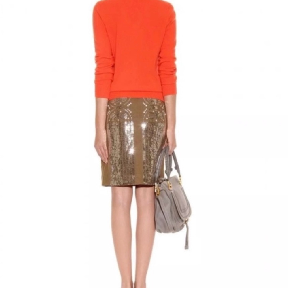 Tory Burch Tan Silver Sequin Pencil Skirt Size 10 - Picture 10 of 13